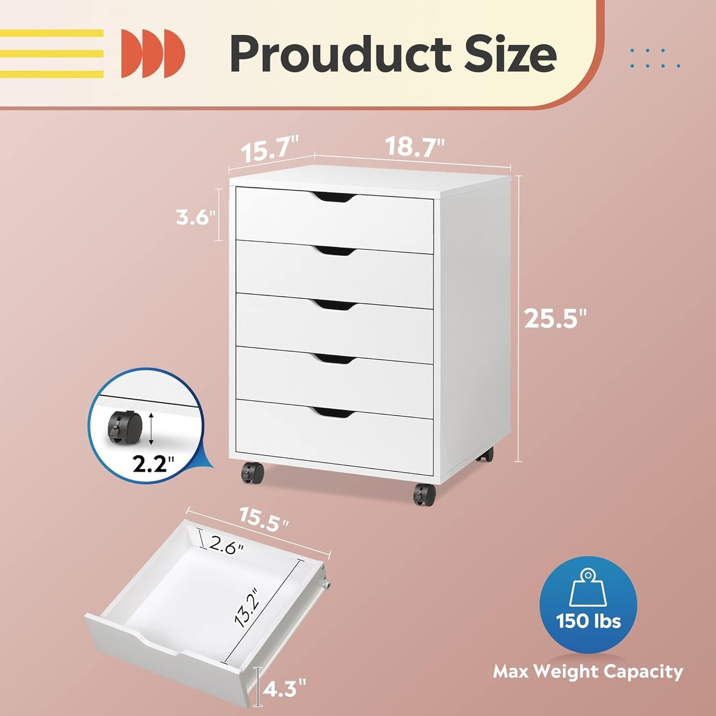 5-Drawer Chest, Wood Storage File Cabinet with Wheels, White