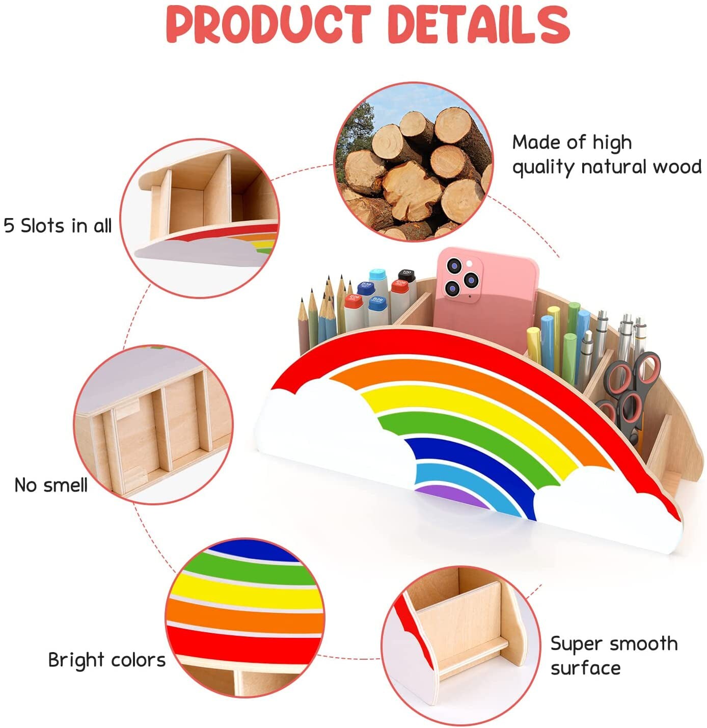 Wooden Pen Holder &#x26; Pencil Holders - Rainbow Supply Caddy Phone Holder Desk Organizer for Office Supplies Makeup Brush Classroom Organization for Women &#x26; Kids