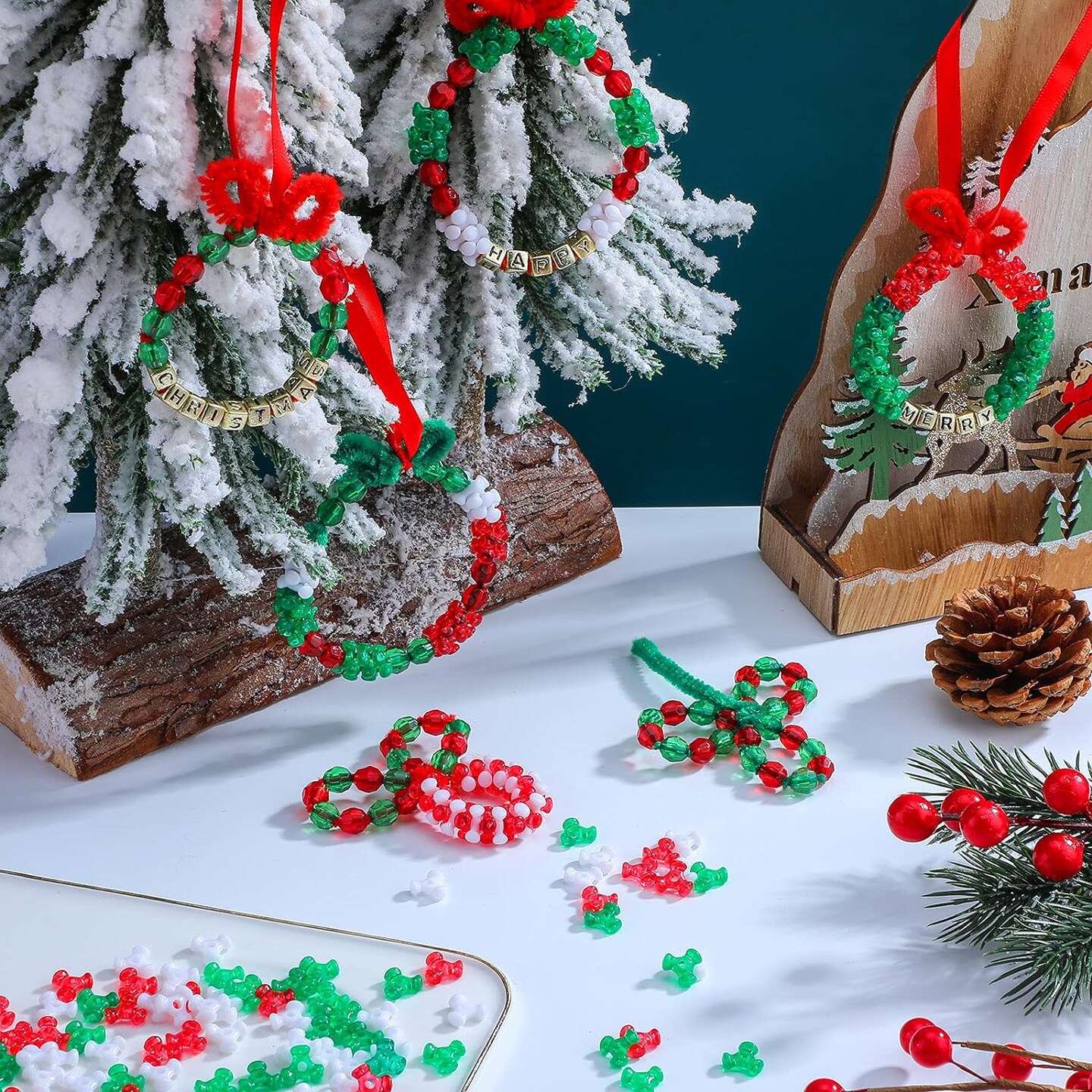 Christmas Crafts for Kids Christmas Beaded Ornaments Kit Plastic Tri Shaped Beads with Letter Xmas DIY Craft Wreath Candy Cane for Christmas Tree Hanging Decoration Holiday Party