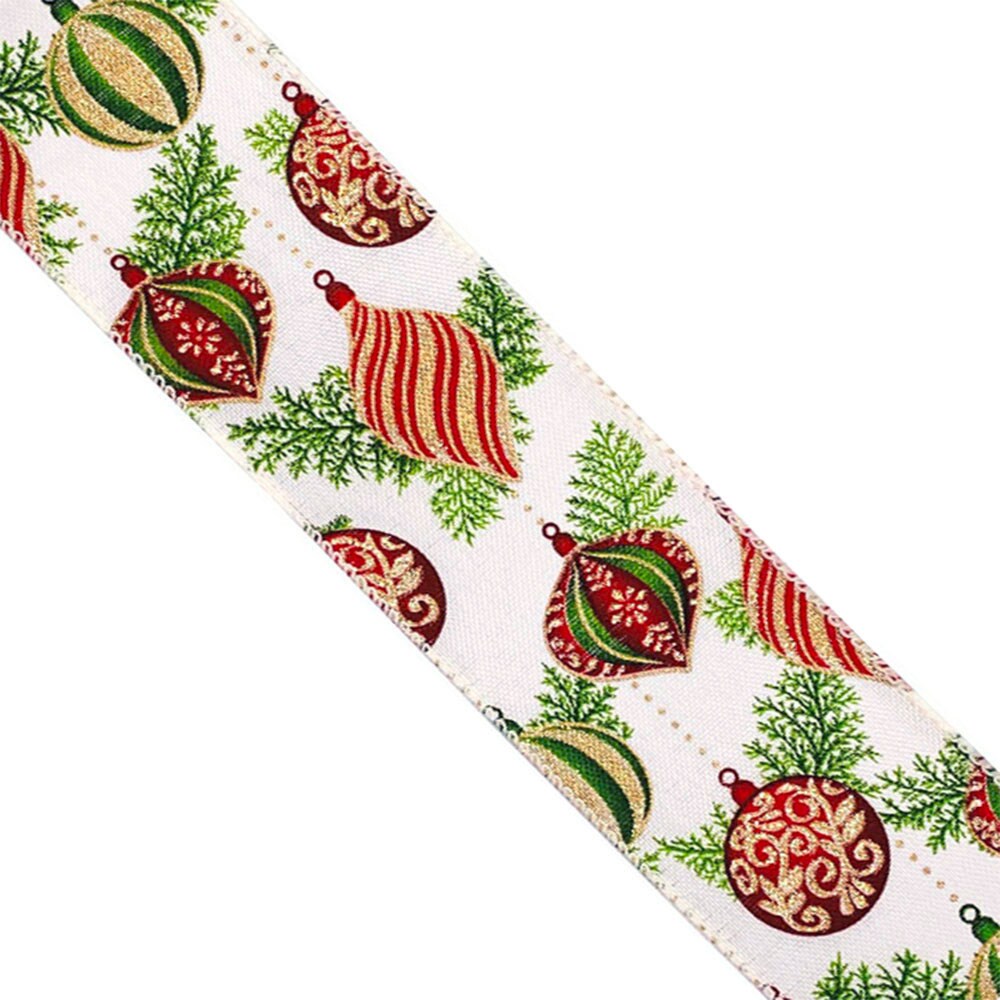 Designer&#x2019;s Shop WR 63-5183 Holiday Glitter Gold/Red/Green Ornaments Wired edge ribbon 2.5&#x201D; x 10 yard