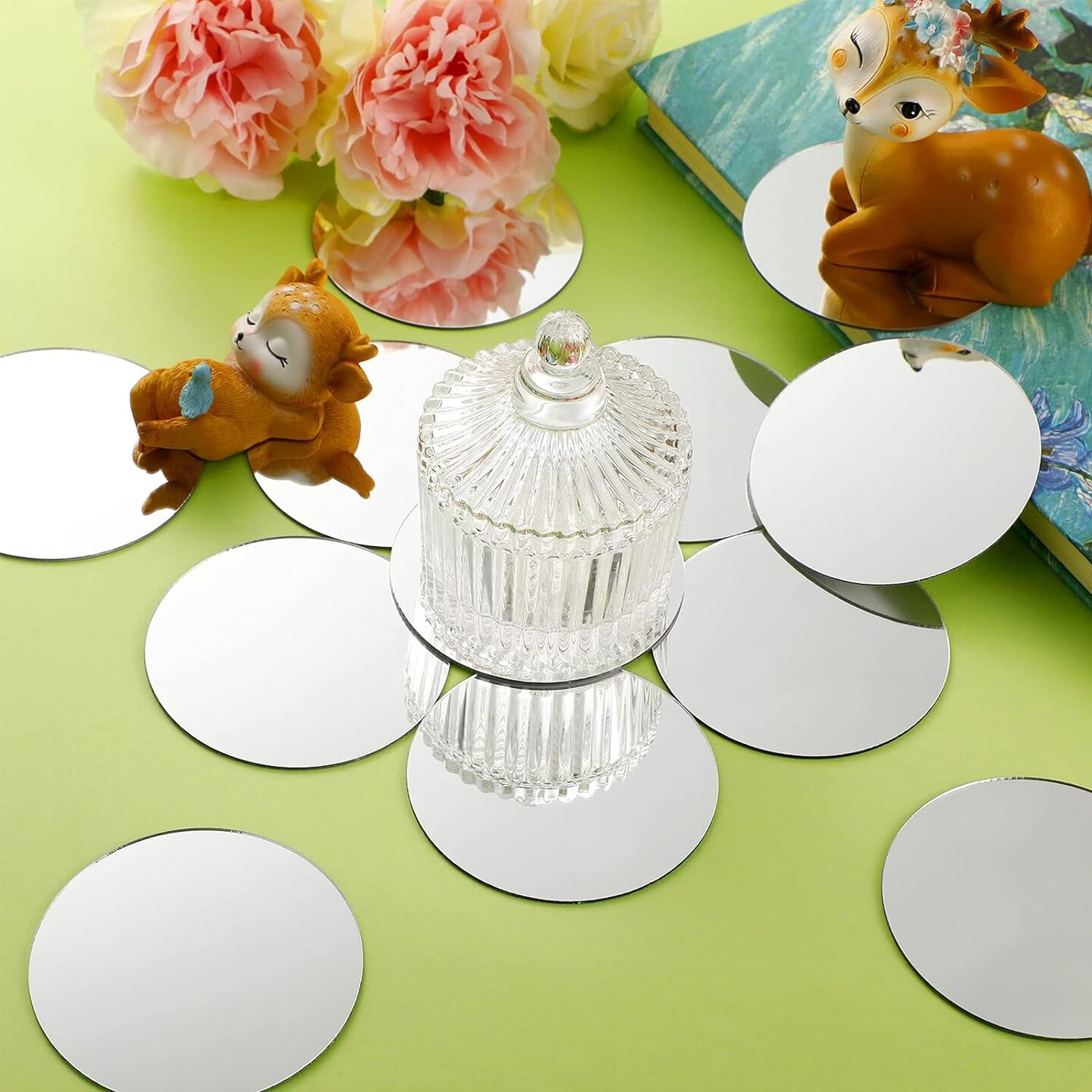 25 Pcs Small Round Mirror 8 Inch Mirror Tiles for Crafts Adhesive Mirror Tiles Mosaic Mirror Tiles Round Decorative Glass Mirror for Home Wall DIY Crafts(3 Inch in Diameter)