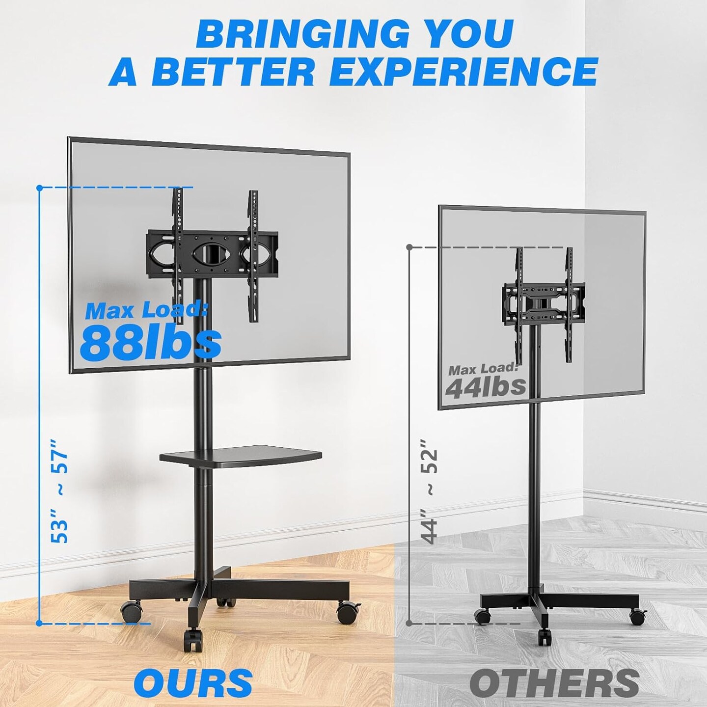 Mobile TV Cart for 23-60 Inch LCD LED Flat Panel Curved Screen TVs up to 88 lbs, Height Adjustable Shelf Rolling Floor Stand with Wheels as a Movable Portable Stand, Max VESA 400x400mm