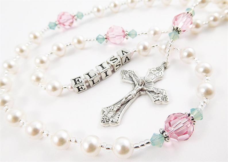 Personalized Pink Crystal and Pearl Catholic Rosary for a Girl's Baptism or First Communion | Custom Rosary buy for Women and Girls