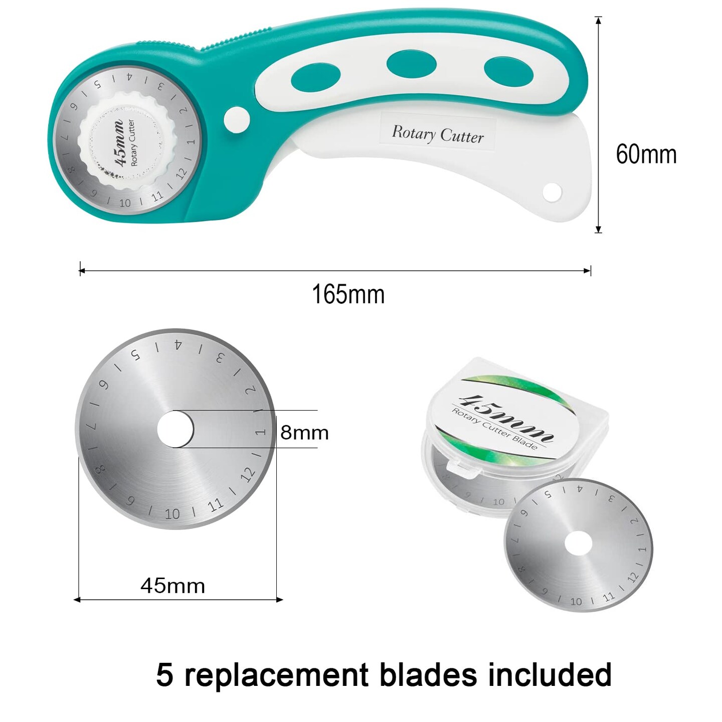 45mm Rotary Cutter with 5pcs Extra Blades, Ergonomic Handle Rolling Cutter with Safety Lock for Fabric, Leather, Crafting, Sewing, Quilting, Fabric Rotary Cutter Perfect for Left &#x26; Right Hand (Green)