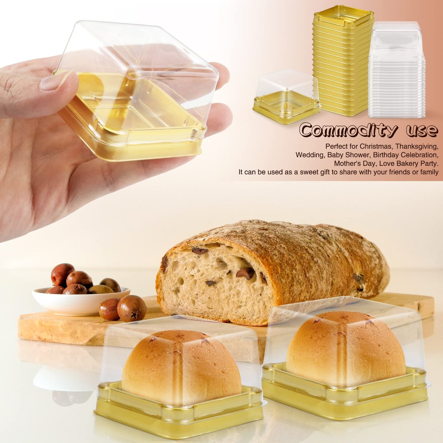 100 Pieces 2.24"L x 2.24"W x 1.57"H Clear Plastic Mini Cupcake Boxes Muffin Pod Dome Muffin Single Container Box Wedding Birthday Gifts Supplies for Cheese Pastry Dessert Mooncake (square, gold)
