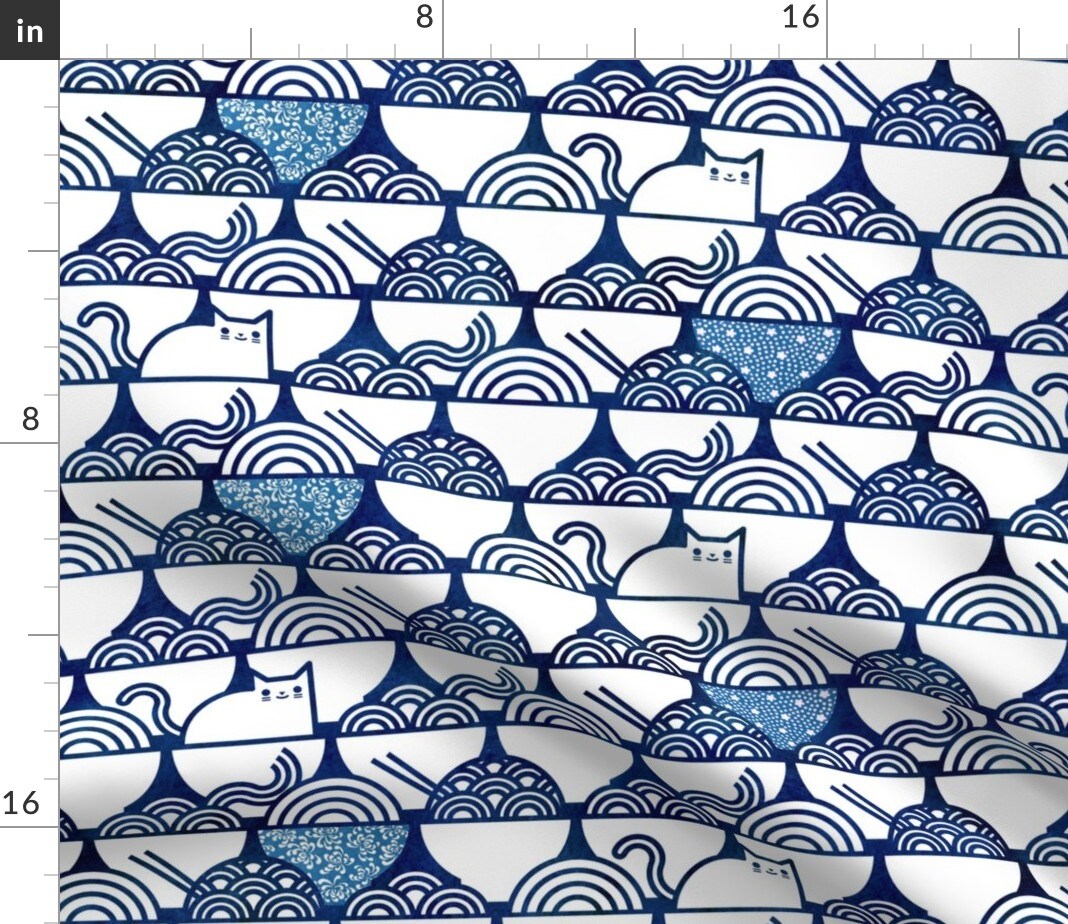 Cat Noodle Large Navy White Cute Cats Kawaii Pets Japanese Novelty Pet Blue Custom Printed Fabric by Spoonflower Various Fabrics by the Yard or Fat Quarter