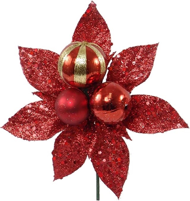12 Sparkling Red Glitter Poinsettia Picks with Ornament Balls - Craft &#x26; Decor