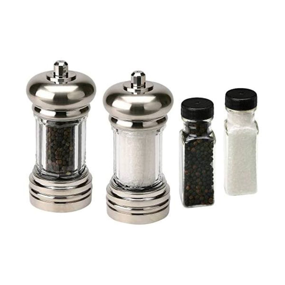 Salt and Pepper Grinder Set w/ refill Top, Stainless Steel Silver