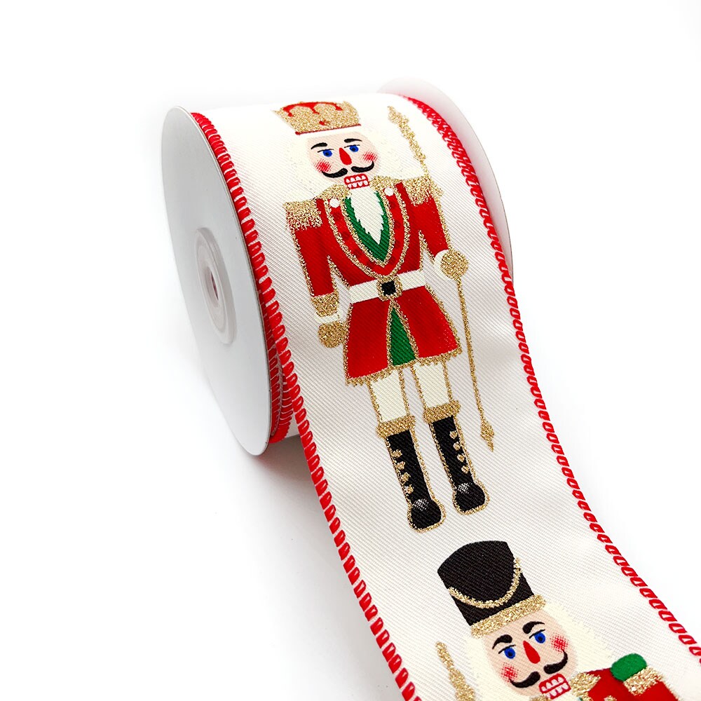 Designer&#x27;s Shop WR 63-5160 2.5&#x201D; x 10 yard Holiday Nutcracker with gold glitter wired edge ribbon