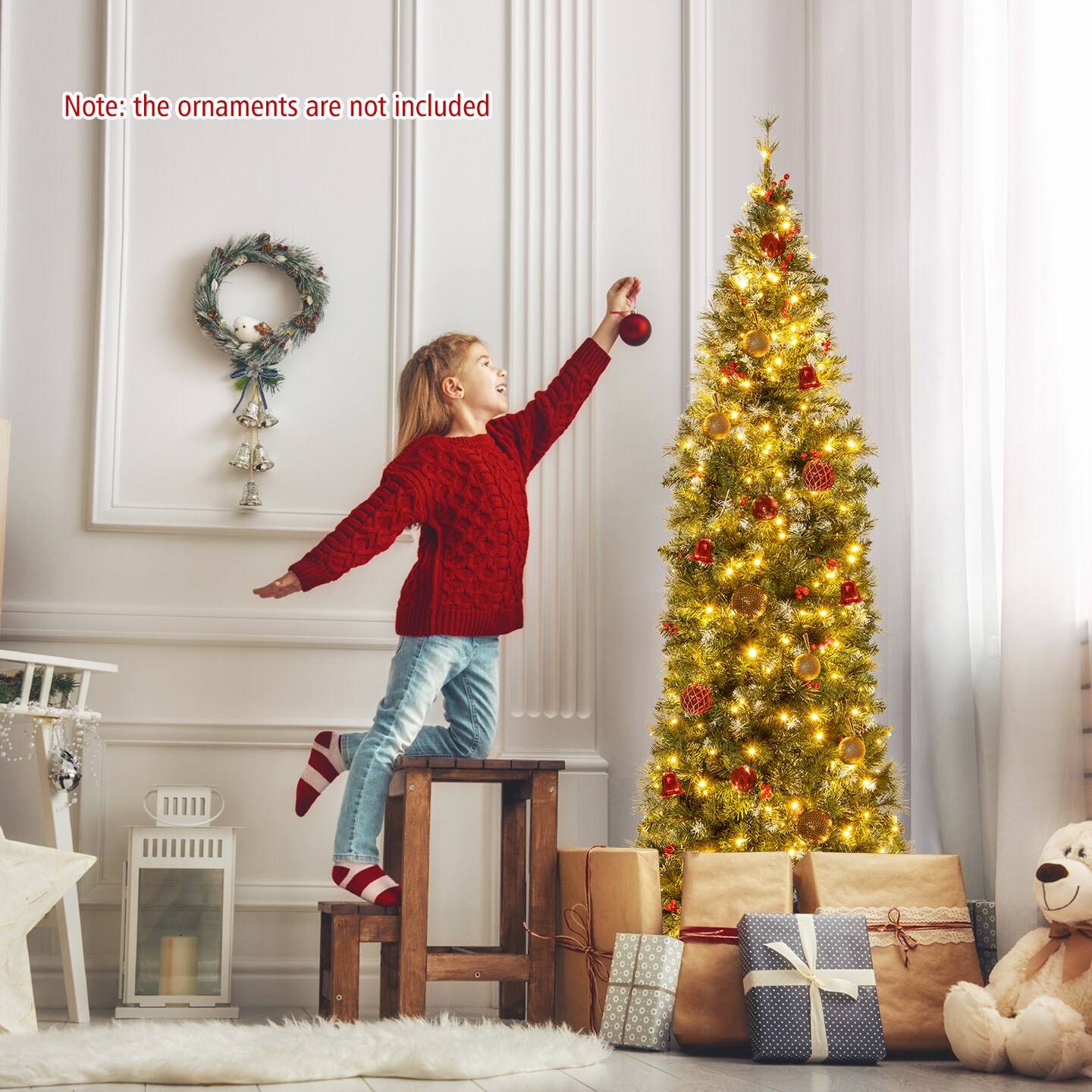 Pre-Lit Artificial Hinged Slim Pencil Christmas Tree