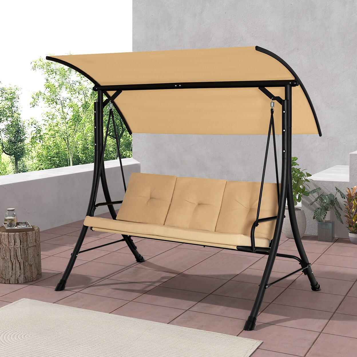 3 Person Patio Porch Swing Outdoor Swing Chair W/ Cushions And Adjustable Canopy