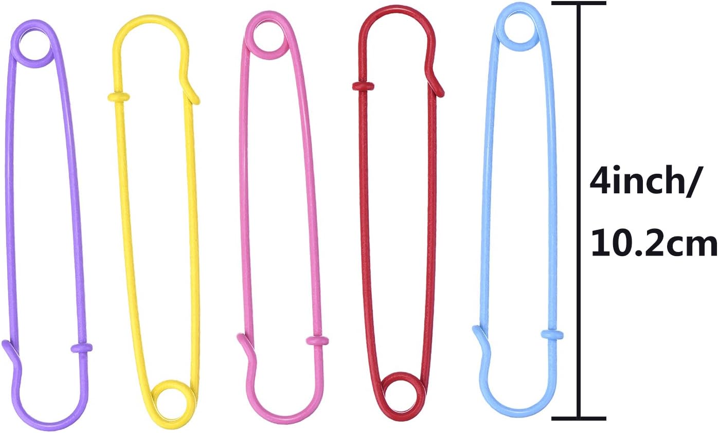 Steel Safety Pins Blanket Pins 4 Inch Extra Large, 5 Colors 10 Pieces