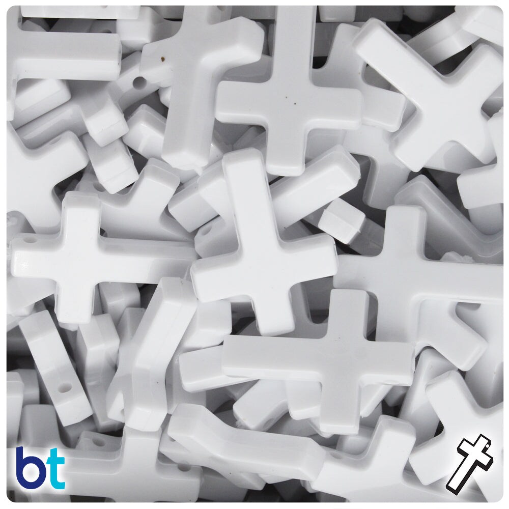 BeadTin Bright White Opaque 26mm Fashion Cross Plastic Craft Beads Pendants (40pcs)