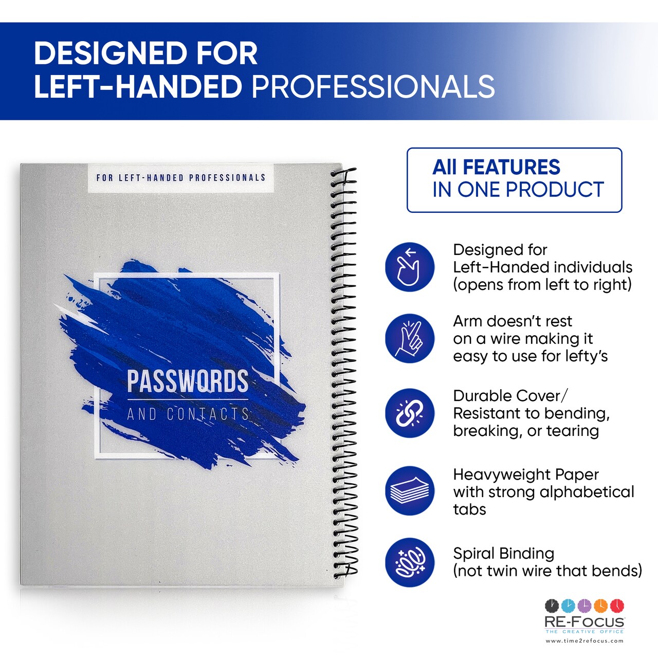 RE-FOCUS THE CREATIVE OFFICE, Left-Handed Password Keeper Book, Spiral Bound with Alphabetical Tabs, Blue