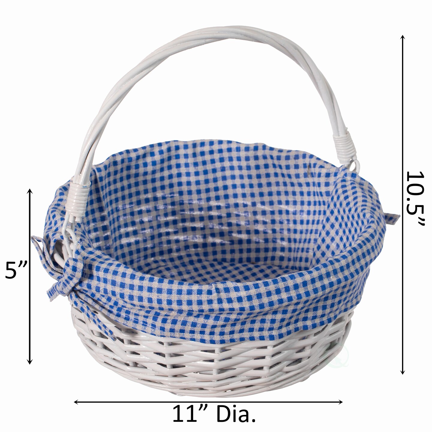 Traditional White Round Willow Gift Basket with Gingham Liner and Sturdy Foldable Handles, Food Snacks Storage Basket