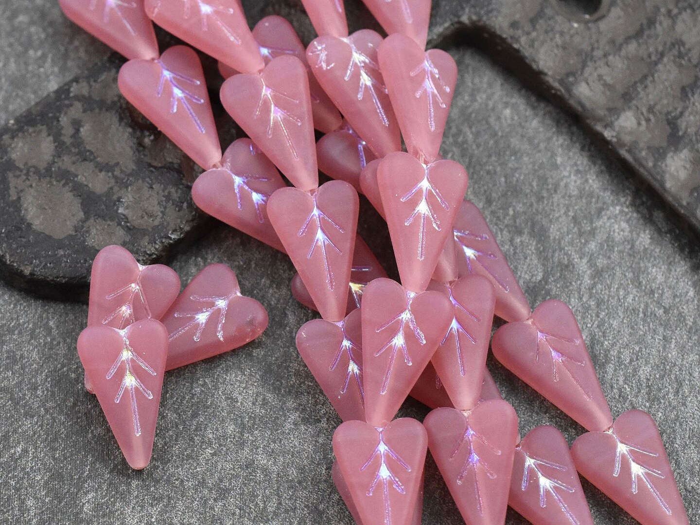 *8* 17x11mm Rainbow Metallic Washed Matte Bubble Gum Pink Opal Heart Leaf Beads