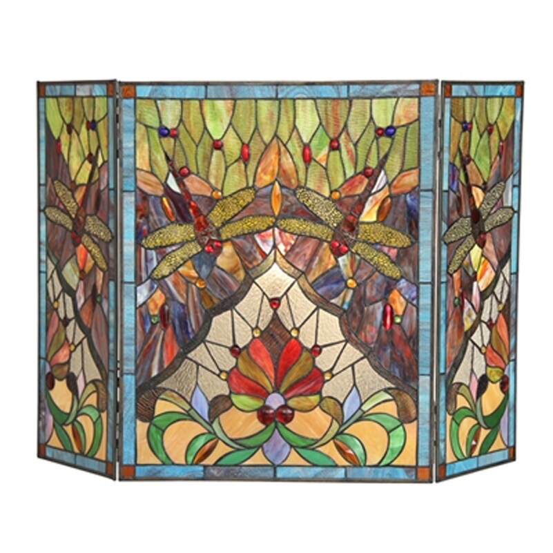 CHLOE Lighting CH3F825DB44-GFS ANISOPTERA PURITY Tiffany-glass 3pcs Folding Dragonfly Fireplace Screen 44&#x22; Wide