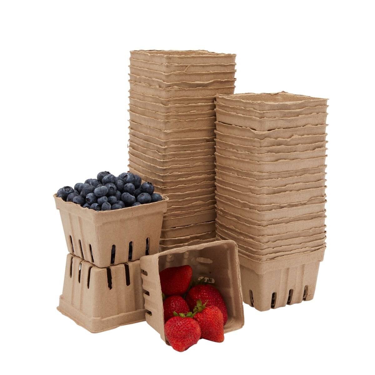 Brown Pulp Fiber Berry Baskets, Pint Fruit Containers (4.3 x 4.3 x 2.8 In, 50 Pack)