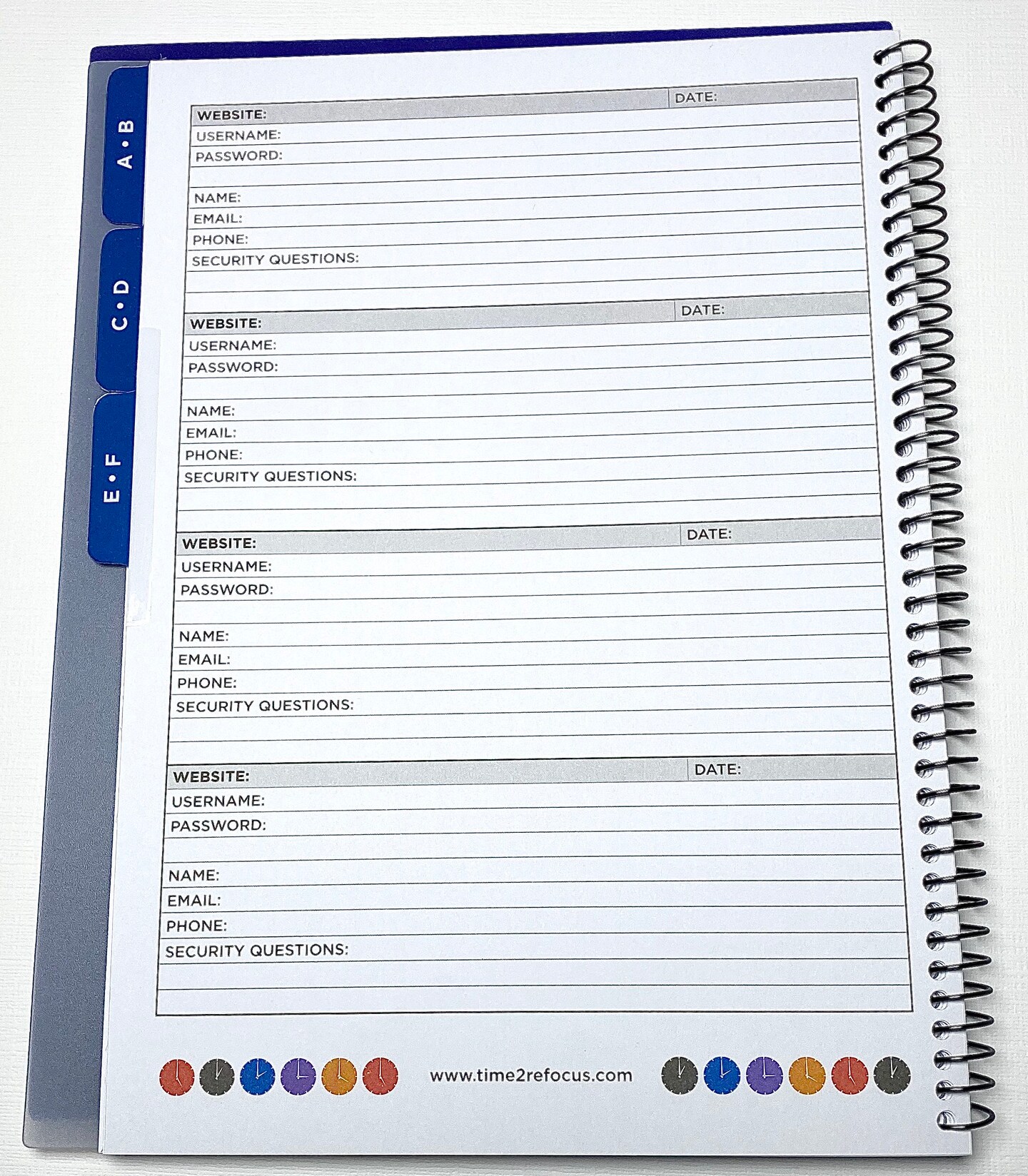 RE-FOCUS THE CREATIVE OFFICE, Left-Handed Password Keeper Book, Spiral Bound with Alphabetical Tabs, Blue