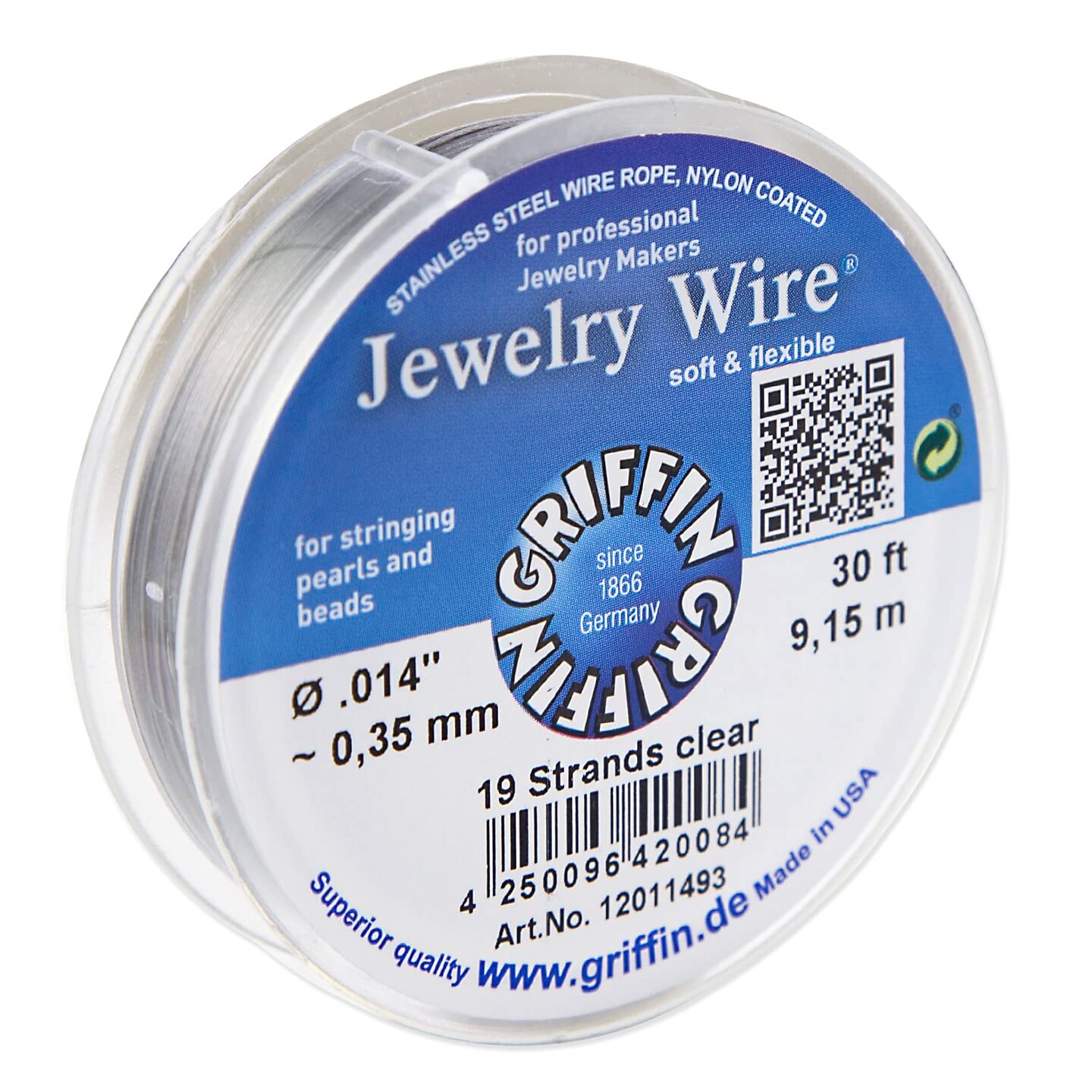 Griffin Jewelry Wire .014&#x22; Clear 19 Strand (30ft) Stainless Steel Wire Rope, Nylon Coated