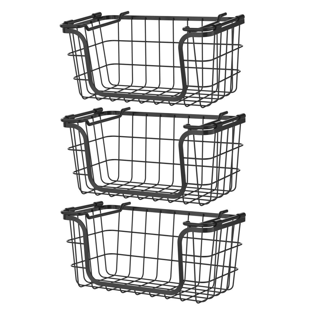 Oceanstar Stackable Metal Wire Storage Basket Set for Pantry, Countertop, Kitchen or Bathroom, Black, Set of 3