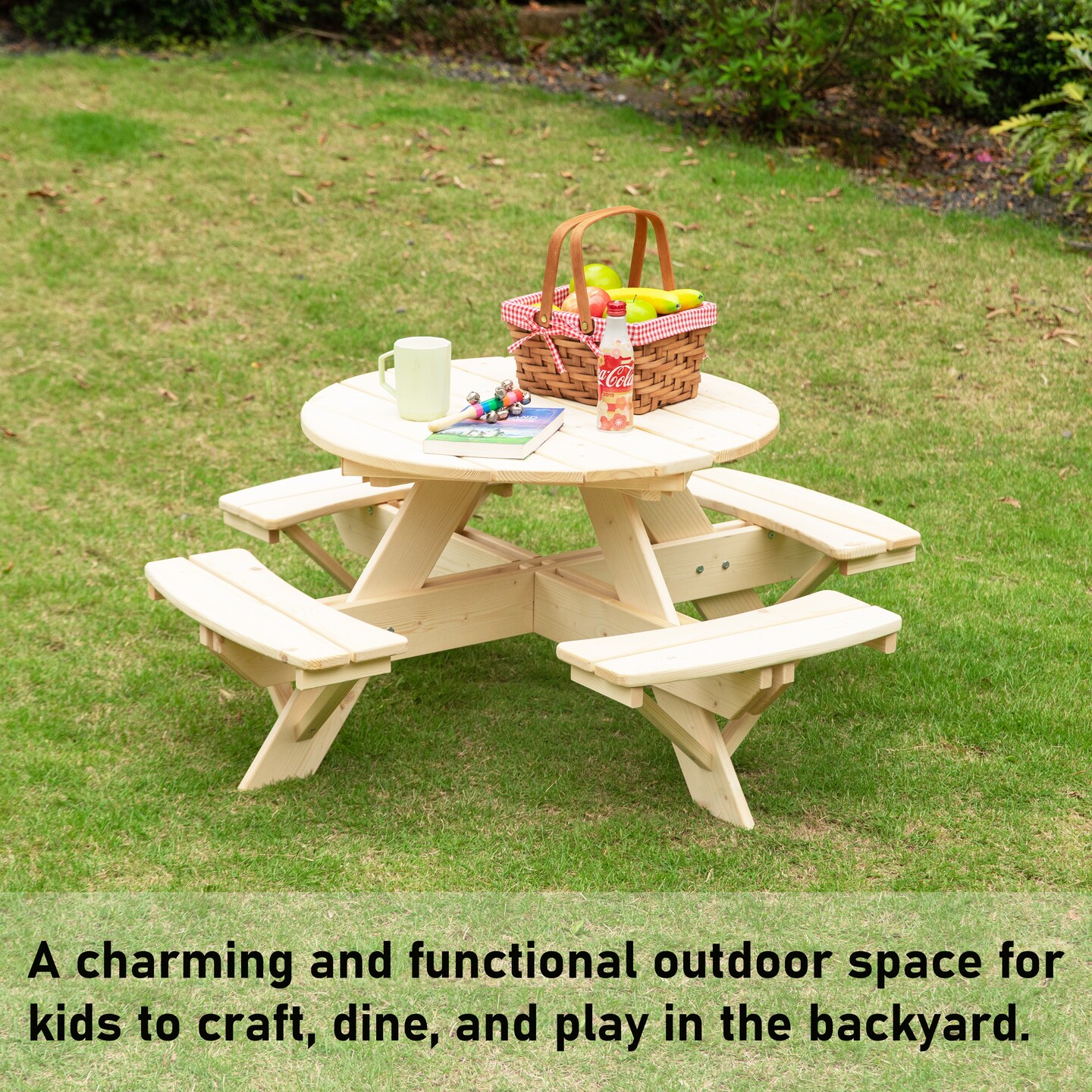 Wooden Kids Round Picnic Table Bench, Outdoor Children&#x27;s Backyard Table, Crafting, Dining, and Playtime Patio Table