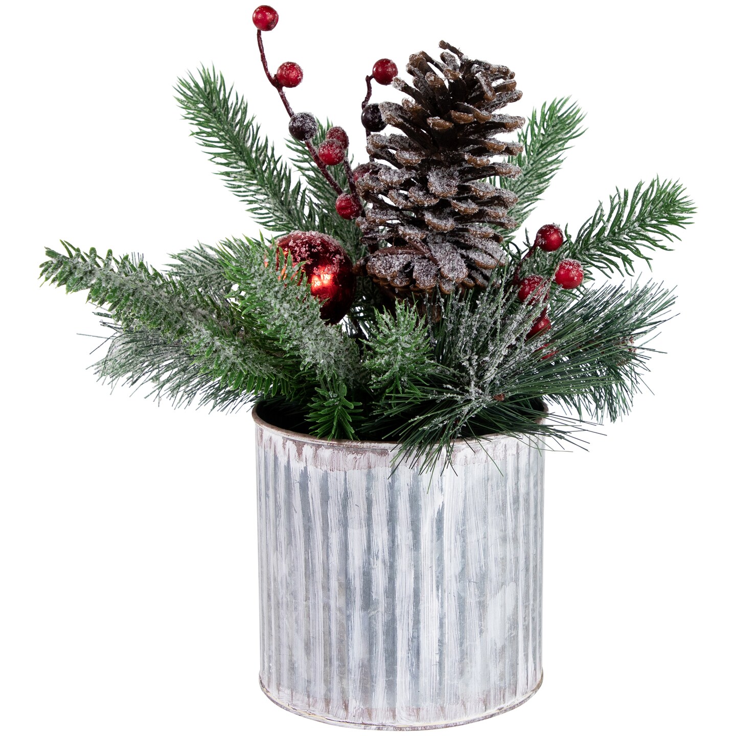 Northlight 12" Frosted Pine, Berries and Pine Cones Floral Arrangement in Tin Pot