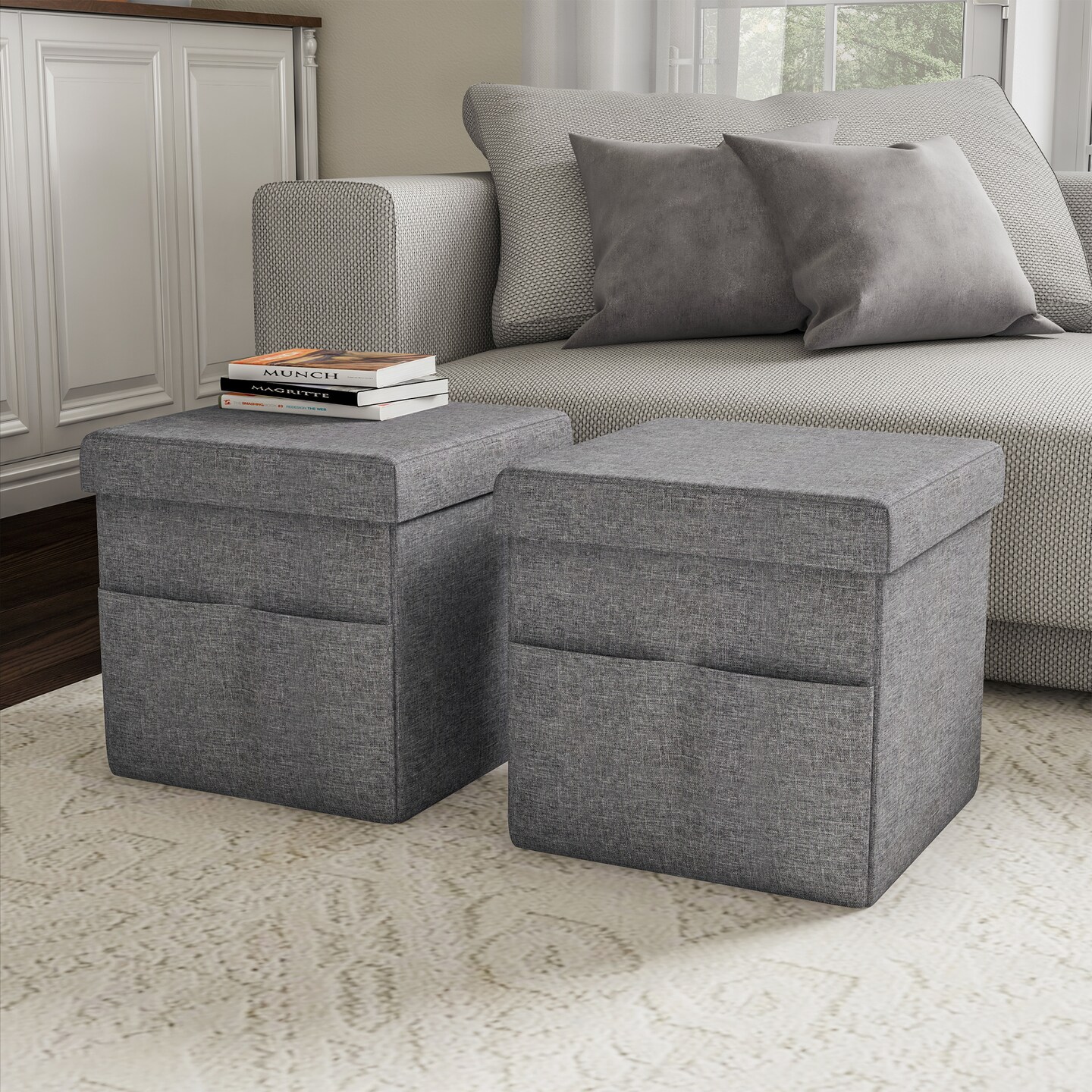 Folding Storage Ottoman Set Of 2 Charcoal Gray Foot Stool With Pockets 15X15 In