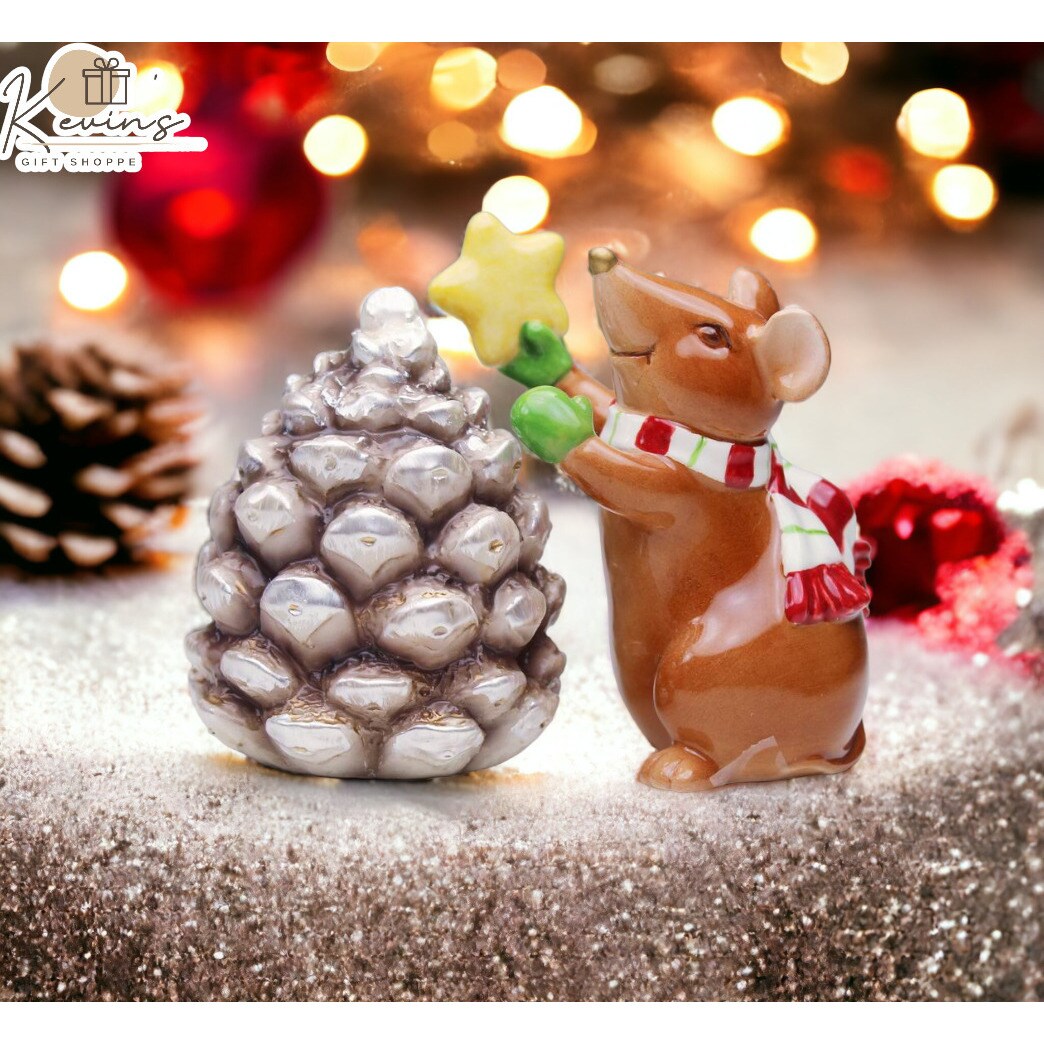 kevinsgiftshoppe Ceramic Christmas Mouse With Pinecone Salt and Pepper Shakers Home Decor   Kitchen Decor Christmas Decor
