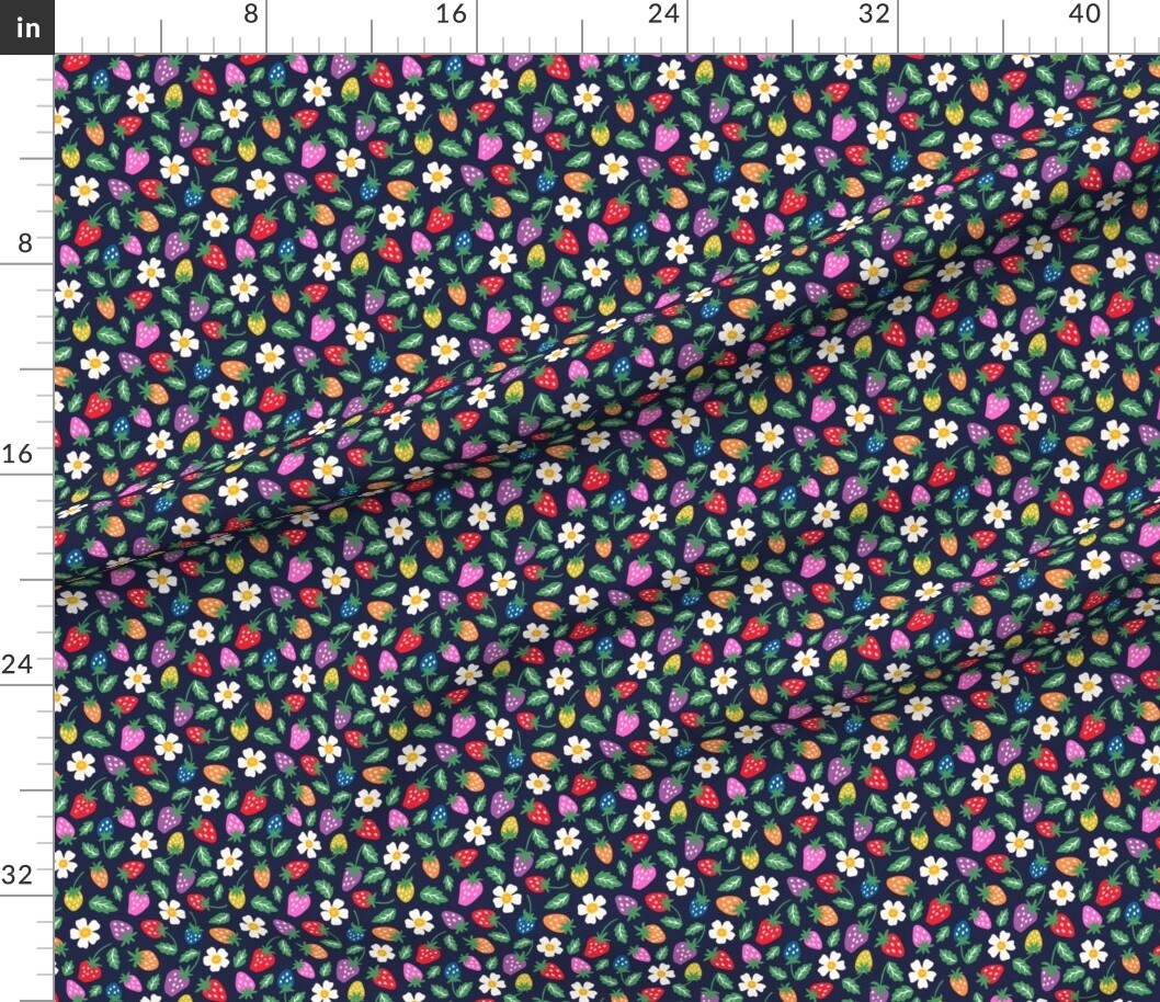 Summer Strawberry Bright Colorful White Flowers Small Scale Happy Whimsical Custom Printed Fabric by Spoonflower Various Fabrics by the Yard or Fat Quarter