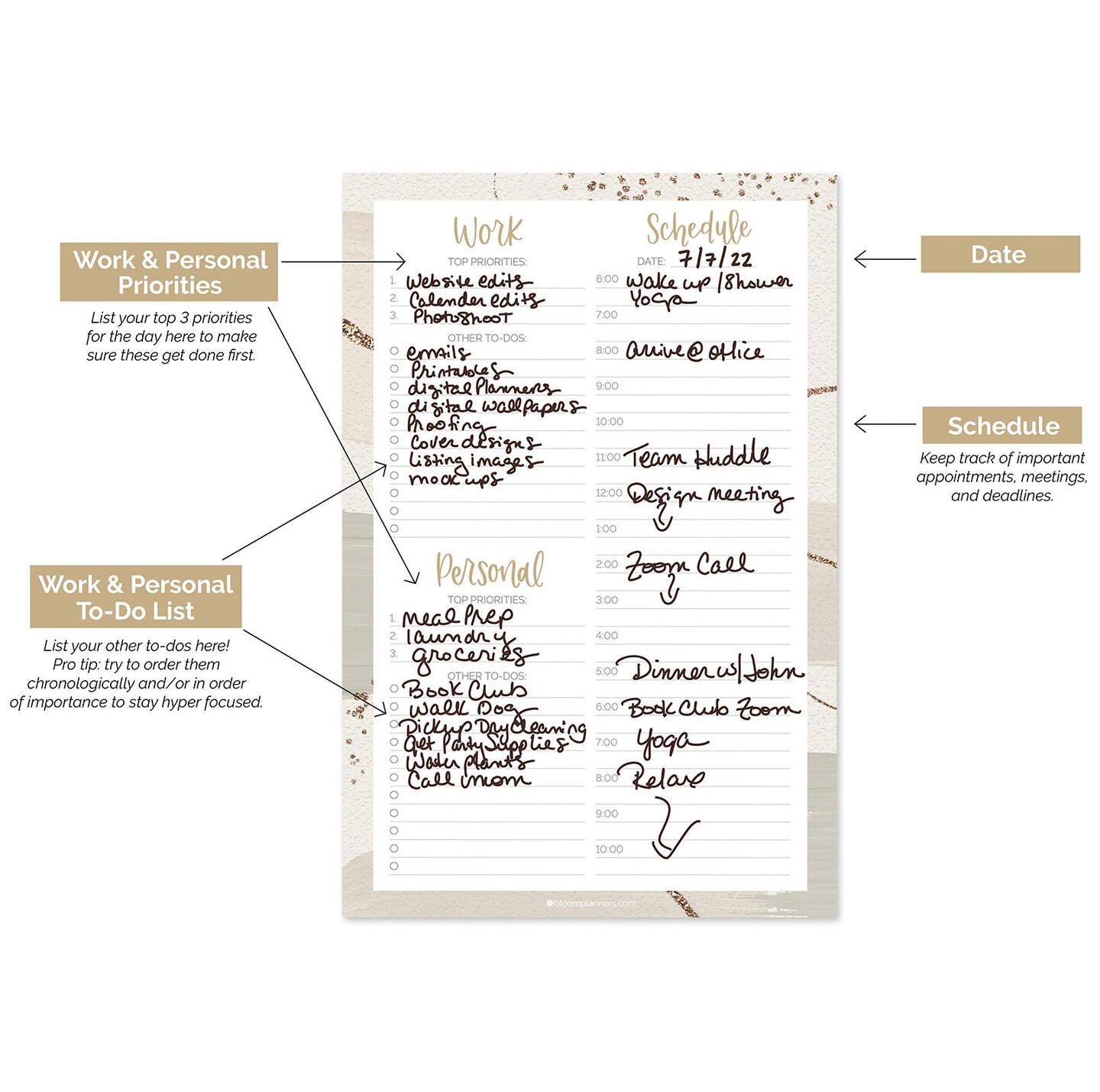 bloom daily planners Planning Pad, 6&#x22; x 9&#x22;, Timed Work &#x26; Personal To-Do List, Brushed Beige