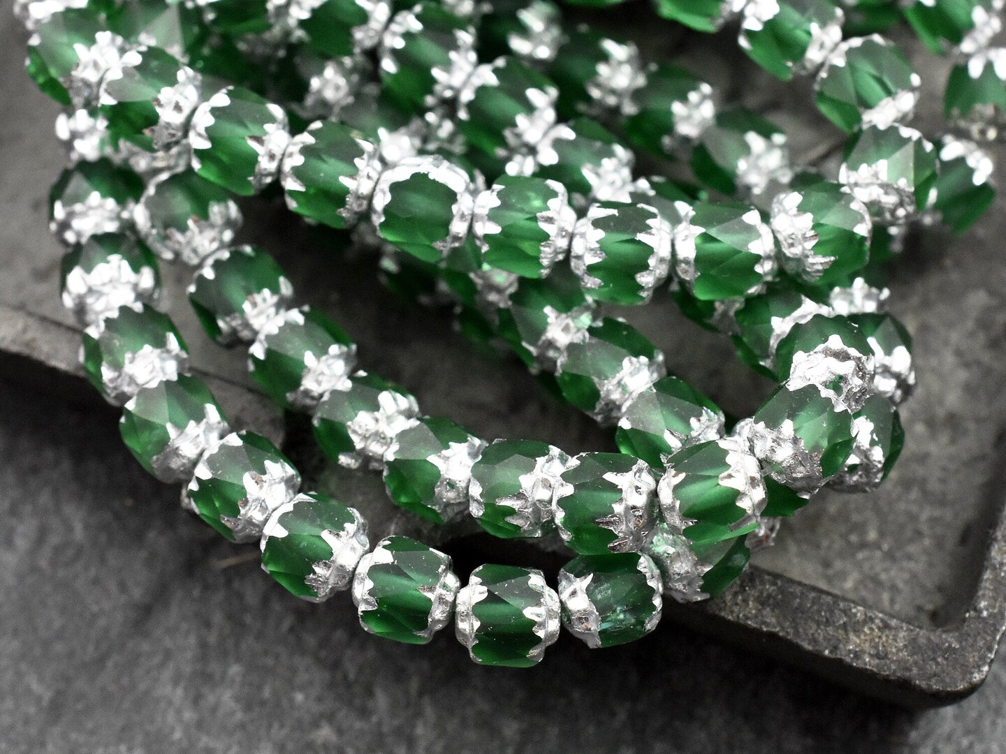 *20* 6mm Silver Washed Emerald Fire Polished Cathedral Beads
