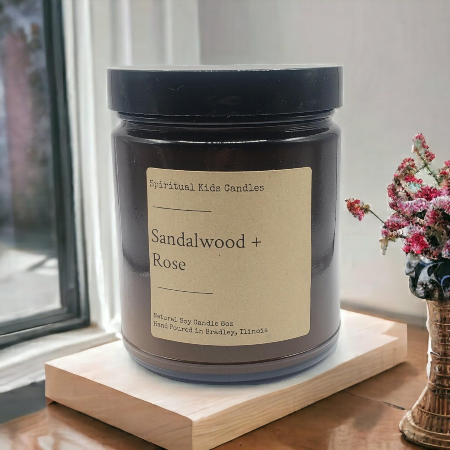 Sandalwood &#x26; Rose Soy Candle 8oz 35-40 Hours Hand Poured with All Natural Soy Wax and Fragrant/Essential Oils!
