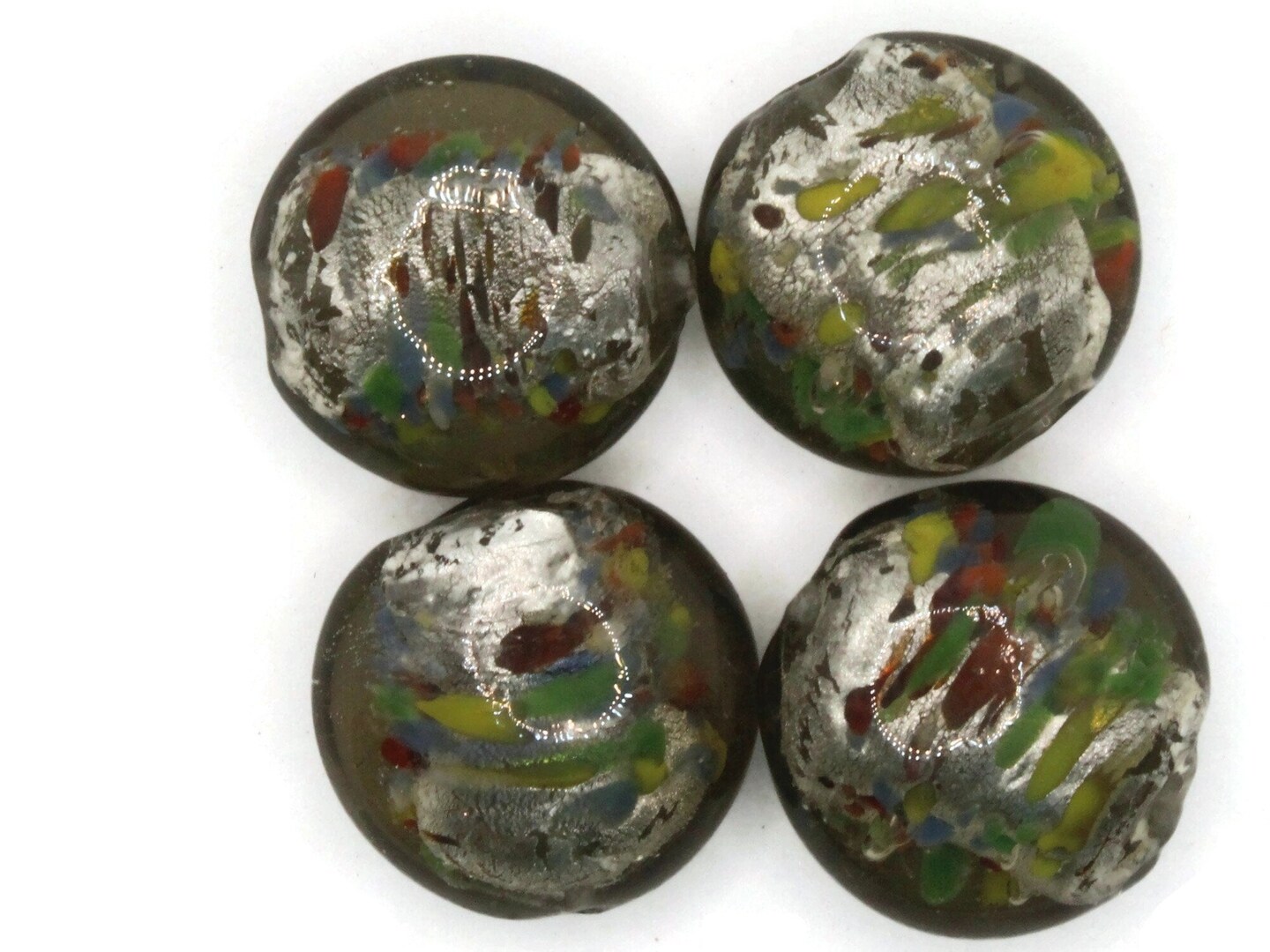 4 21mm Gray Speckled Coin Flat Round Lampwork Glass Beads