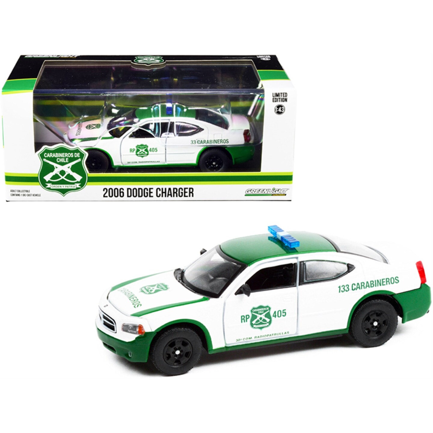 2006 Dodge Charger Police Car White and Green &#x22;Carabineros de Chile&#x22; 1/43 Diecast Model Car by Greenlight