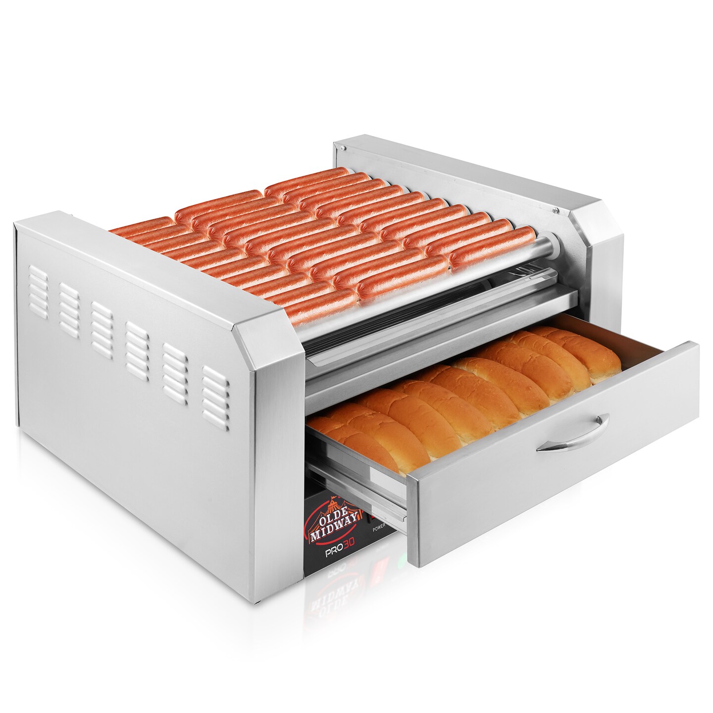 Olde Midway Electric Hot Dog Roller Grill Cooker Machines with Bun Warming Drawer - Commercial Grade