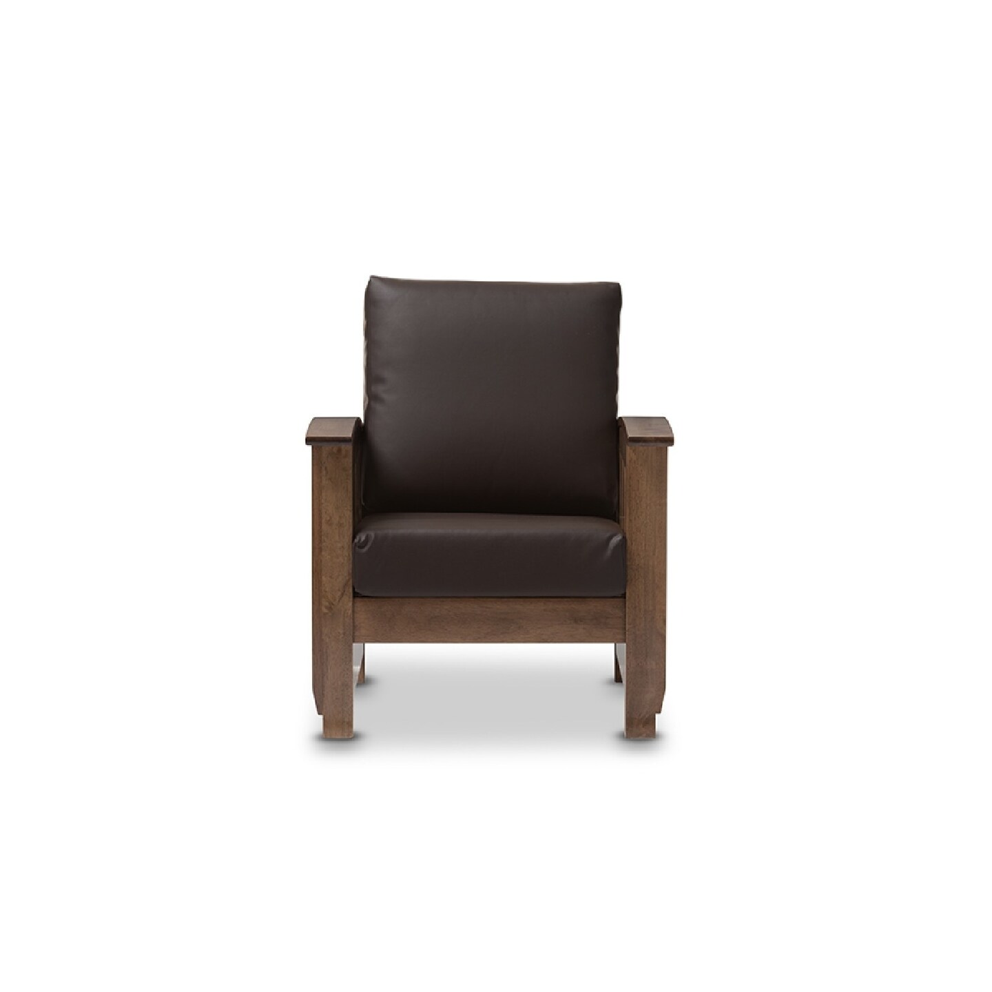 Wholesale Interiors Baxton Studio Charlotte Modern Classic Mission Style Walnut Brown Wood and Dark Brown Faux Leather 1 Seater Lounge Chair