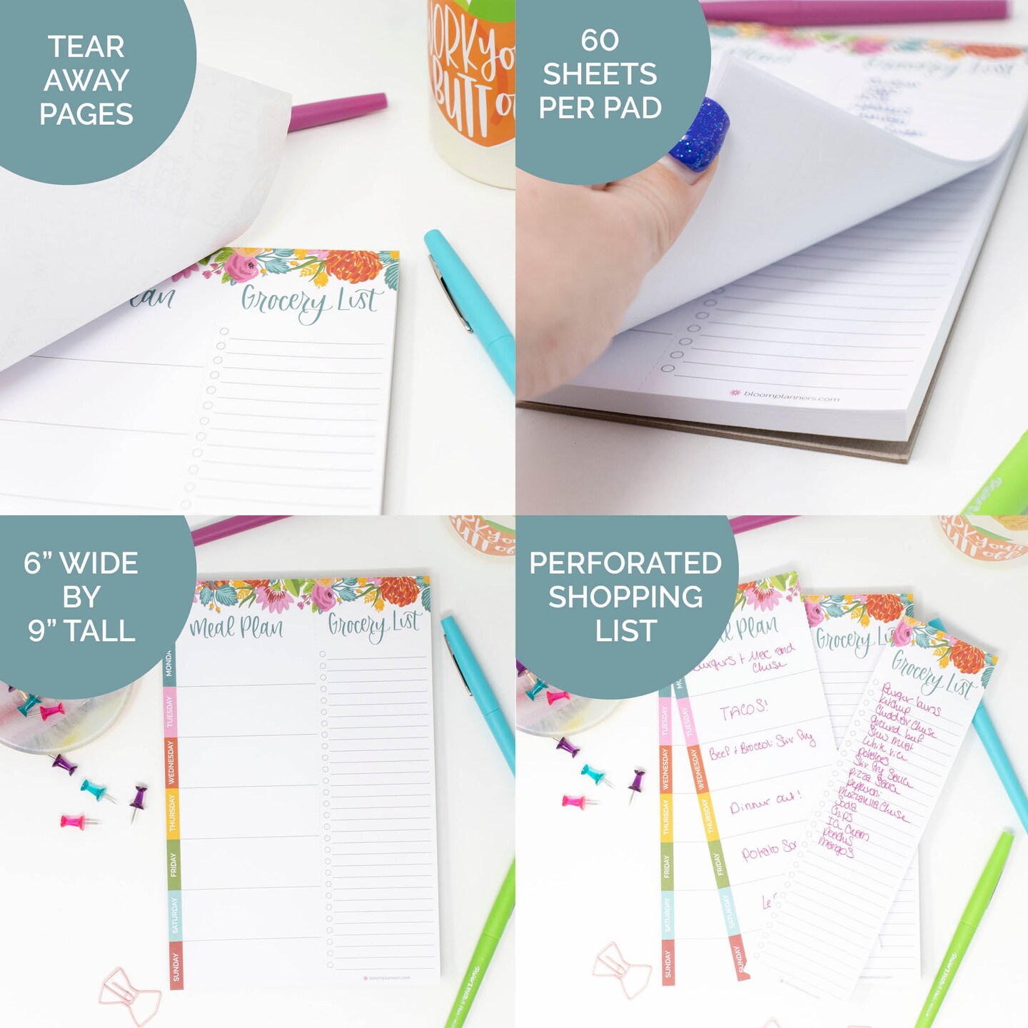 bloom daily planners Planning Pad, 6&#x22; x 9&#x22;, Meal Planning Pad with Magnets, Pink Floral
