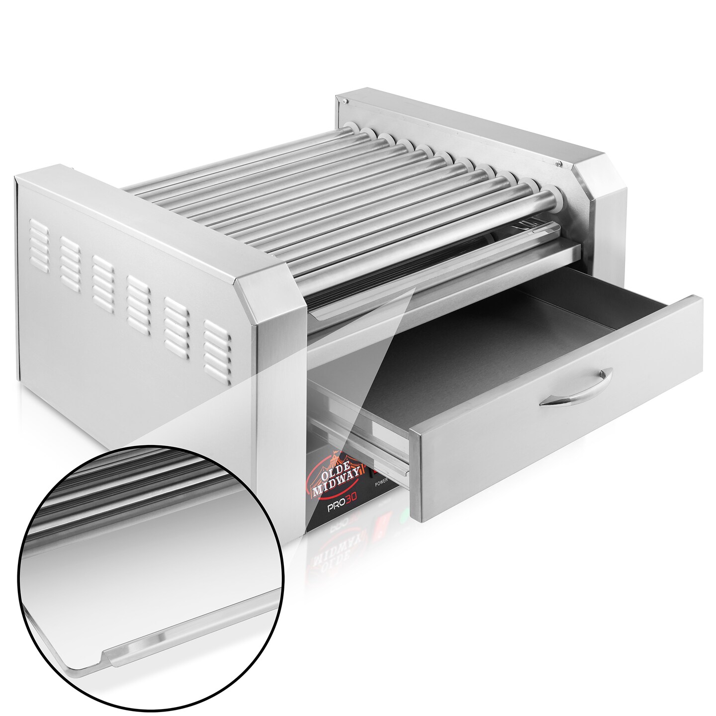 Olde Midway Electric Hot Dog Roller Grill Cooker Machines with Bun Warming Drawer - Commercial Grade