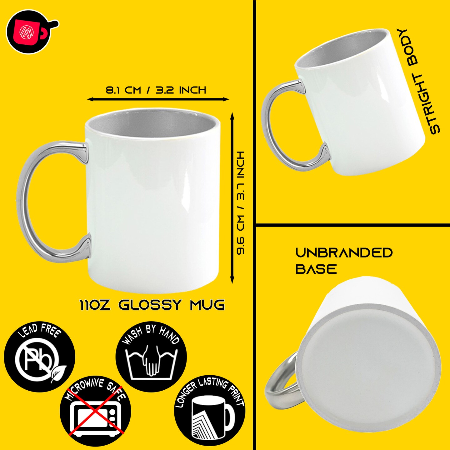 12 Pack of 11OZ SILVER inner &#x26; Handle Sublimation Mug Coated Ceramic Mugs - Professional Grade - Sublimation Series - Cardboard Box with Foam Supports