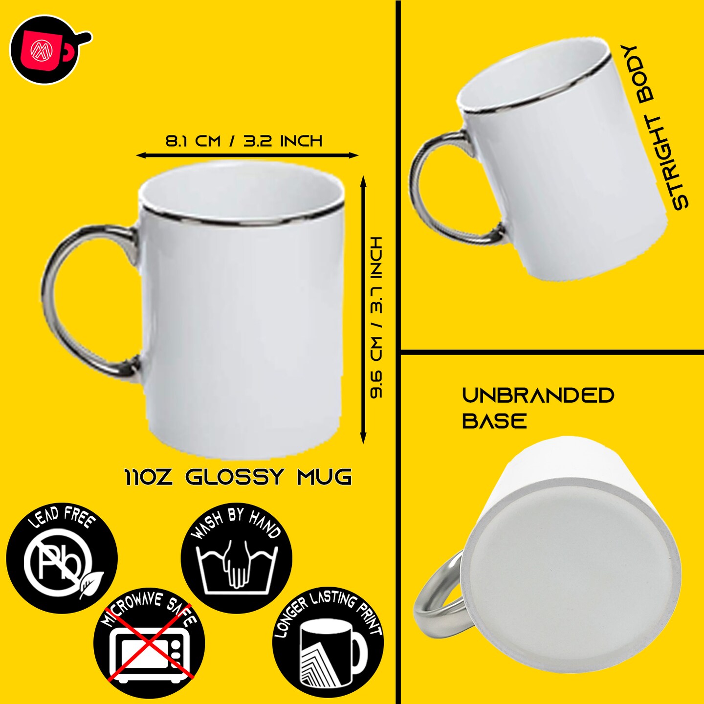 12 Pack 11 oz. SILVER Rim and Handle- Ceramic Sublimation Mugs - Professional Grade - Cardboard Box with Foam Supports