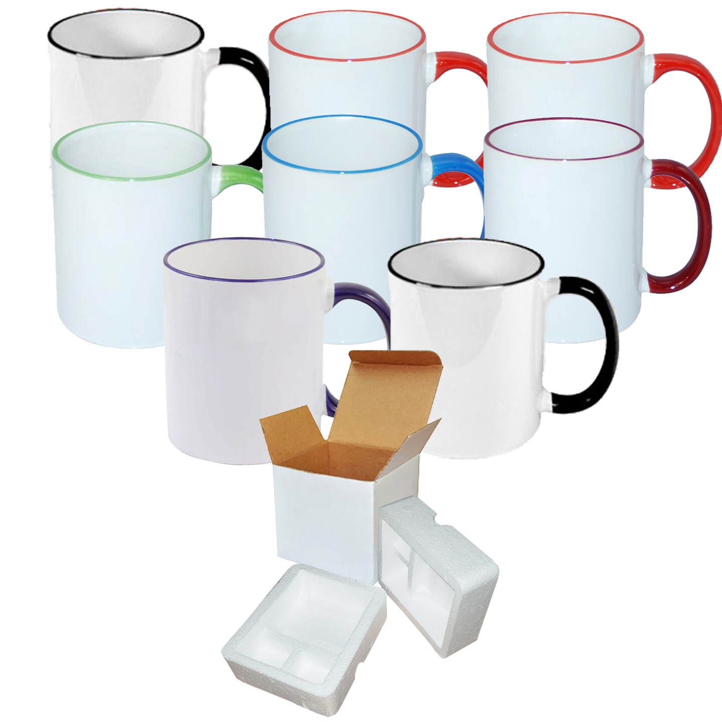8 Pcs 11OZ MIXED Color Rim & Handle Sublimation Mugs With Foam Support Boxes