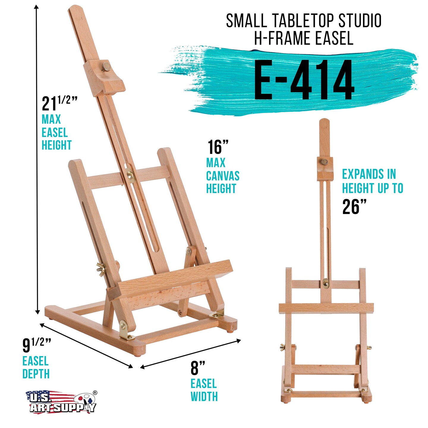 Small Tabletop Wooden H-Frame Studio Easel - Artists Adjustable Beechwood Painting &#x26; Display Easel, Holds Up To 16&#x22; Canvas - Sturdy Table Desktop