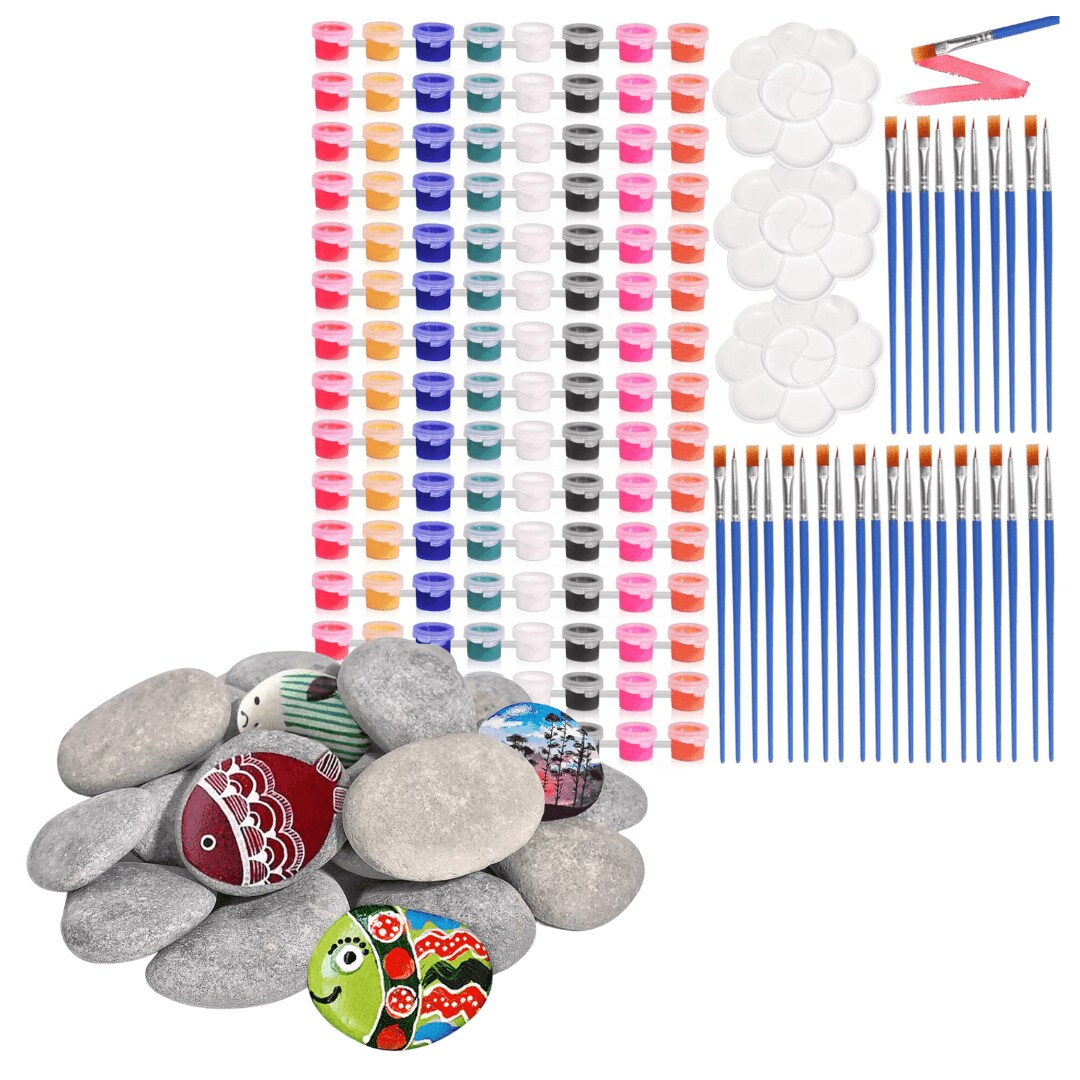 60 Craft Rocks With 15 Acrylic Paint Set And Paint Brushes , 2-3 Inches Stones for Arts &#x26; Crafting