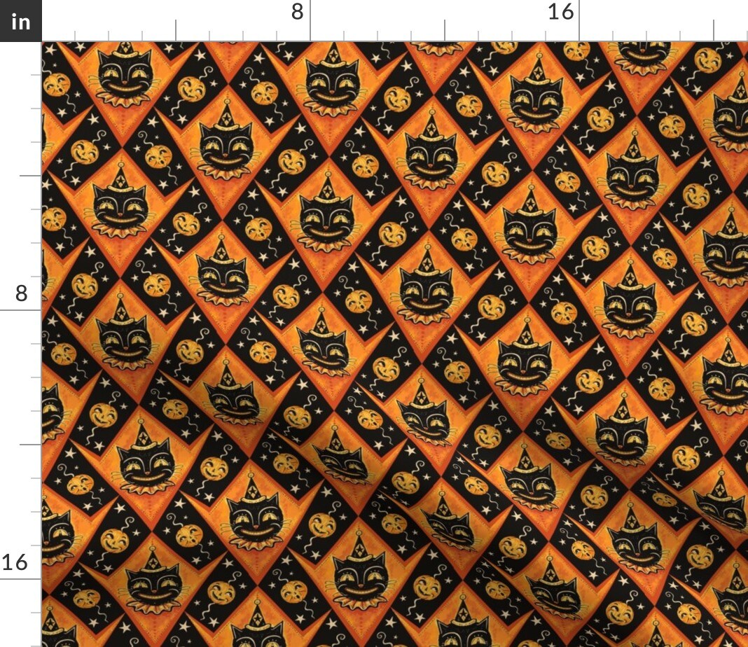 Black Cat & Jacks Halloween Vintage Whimsical Illustration Pumpkin Spooky Scary Orange Custom Printed Fabric by Spoonflower Various Fabrics by the Yard or Fat Quarter