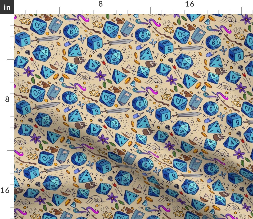 Blue Fantasy Illustration Sword Dice Dragons Custom Printed Fabric by Spoonflower Various Fabrics by the Yard or Fat Quarter