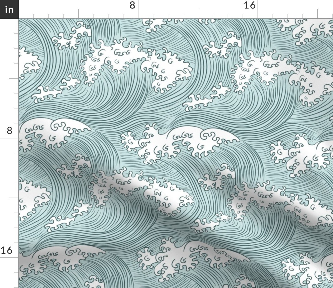 Rolling Waves Vintage Asian Chinese Japan Japanese Water Line Summer Doodle Home Decor Sea Ocean Wave Custom Printed Fabric by Spoonflower Various Fabrics by the Yard or Fat Quarter