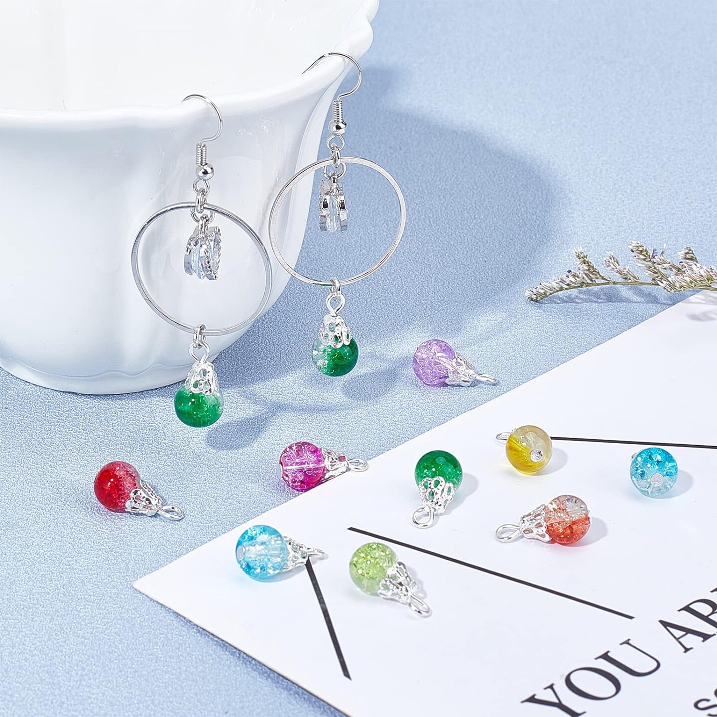 100pcs Crystal Dangle Charms, Crackle Glass Drop Beads Charms 10 Color Dangle Bead with Silver Bead Cap Drops Beads Charms Pendants for Jewelry Making Necklace Earring