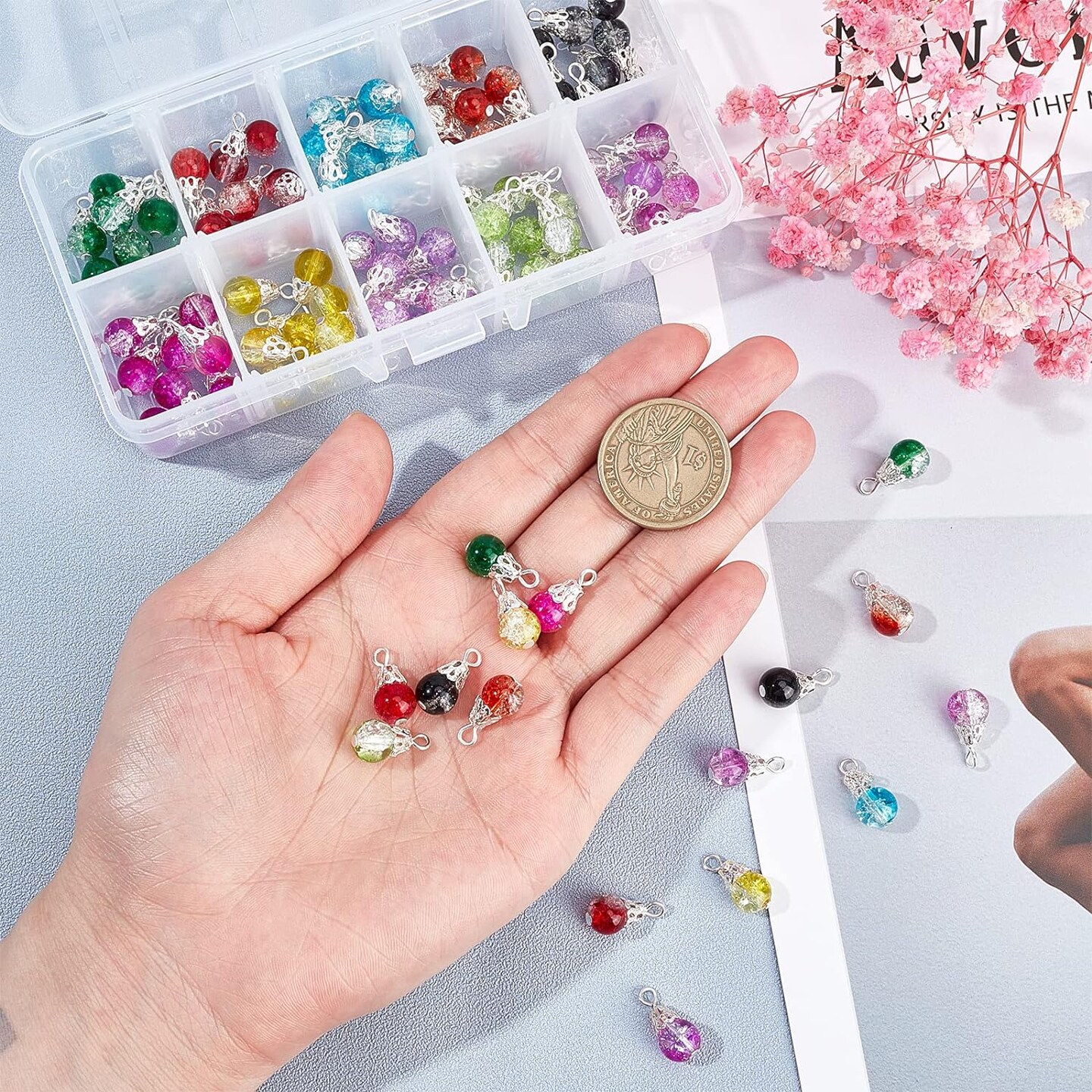 100pcs Crystal Dangle Charms, Crackle Glass Drop Beads Charms 10 Color Dangle Bead with Silver Bead Cap Drops Beads Charms Pendants for Jewelry Making Necklace Earring