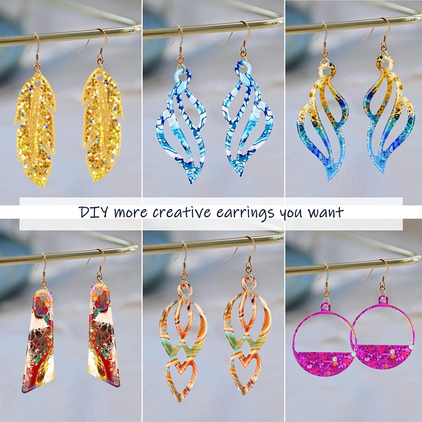 95pcs Resin Jewelry Molds Kit, 5 Pairs Earring Silicone Molds Epoxy Casting Molds with Hole, Sets of Earring Hooks, Jump Ring, Eye Pins for Resin Jewelry, Pendant, Key Chains